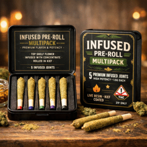 pack of infused pre-rolls with 90 percent Delta 9 THC distillate and kief for UK delivery.
