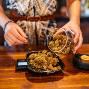 Young female retail worker weighing herbal cannabis (marijuana) on a weight scale in a cannabis shop in Thailand. Close-up.