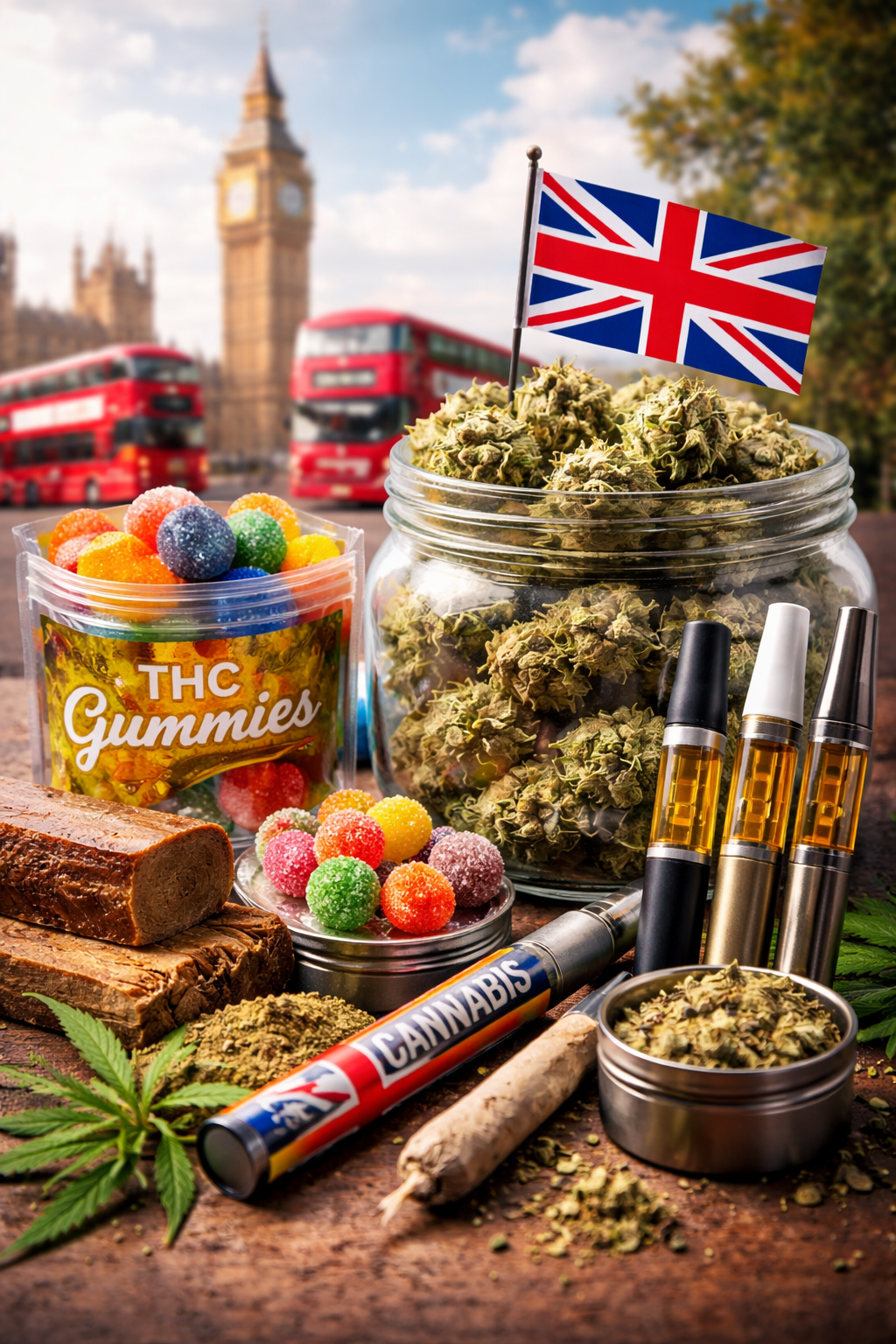 premium cannabis flower jar with THC gummies, hash and vape cartridges in front of London Big Ben UK cannabis market