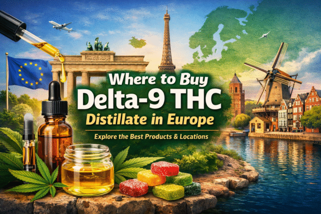 Delta-9 THC distillate oil, vape cartridge, and gummies representing cannabis products available in Europe