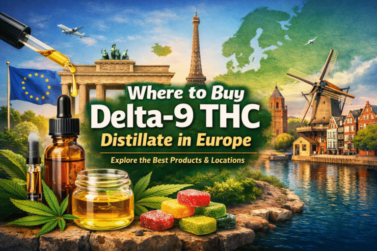 Delta-9 THC distillate oil, vape cartridge, and gummies representing cannabis products available in Europe
